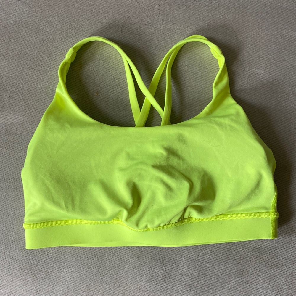 Lululemon neon yellow sports bra. Never worn, tags removed. Too big for me!